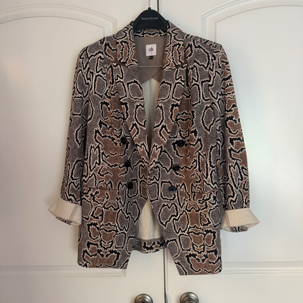 Cabi Python Blazer Snakeskin Print Double Breasted Jacket Brown Tan Womens 8 - Picture 1 of 3